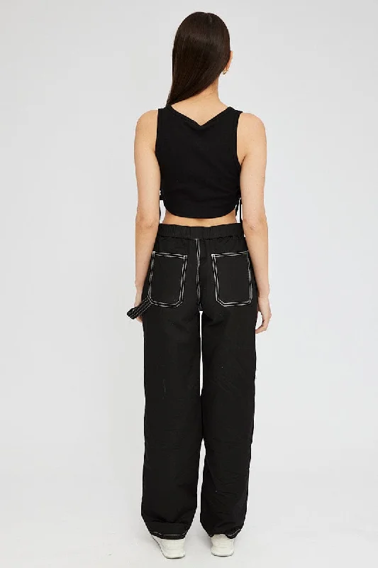 Black Cargo Pants Mid Rise Contrast Stitch