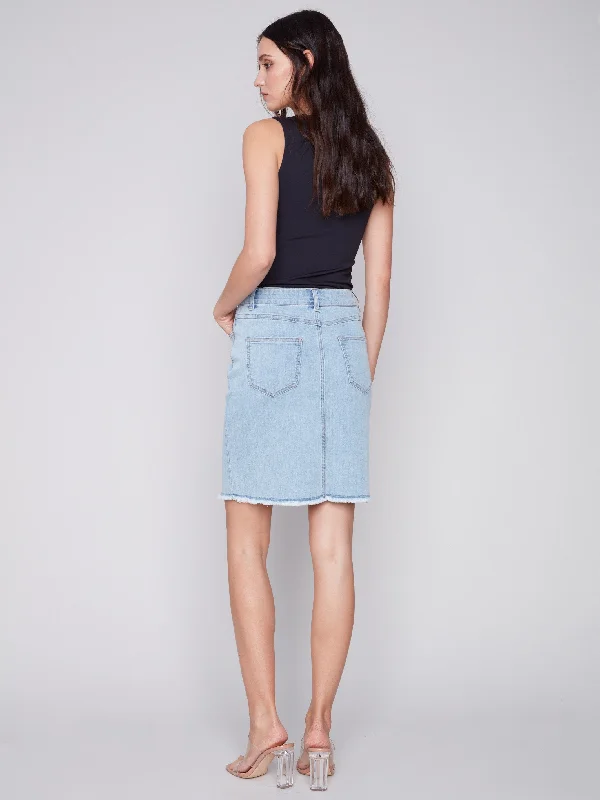 Stretch Denim Skort with Frayed Hem - Bleach Blue