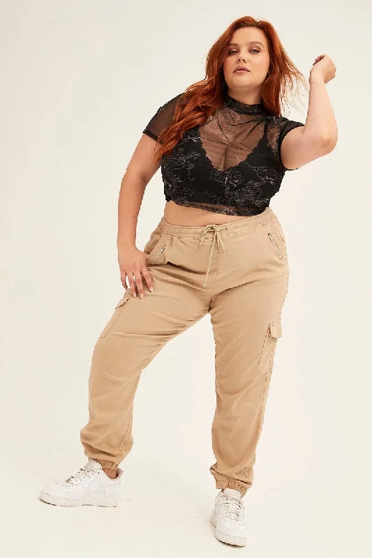 Beige Cargo Pants Mid Rise Out Pocket