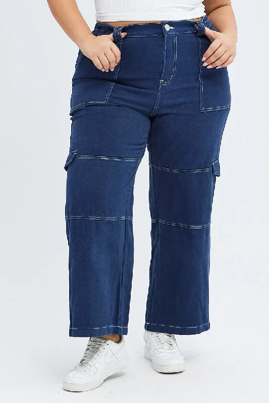 Blue Cargo Denim Jeans High Rise