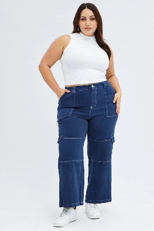 Blue Cargo Denim Jeans High Rise