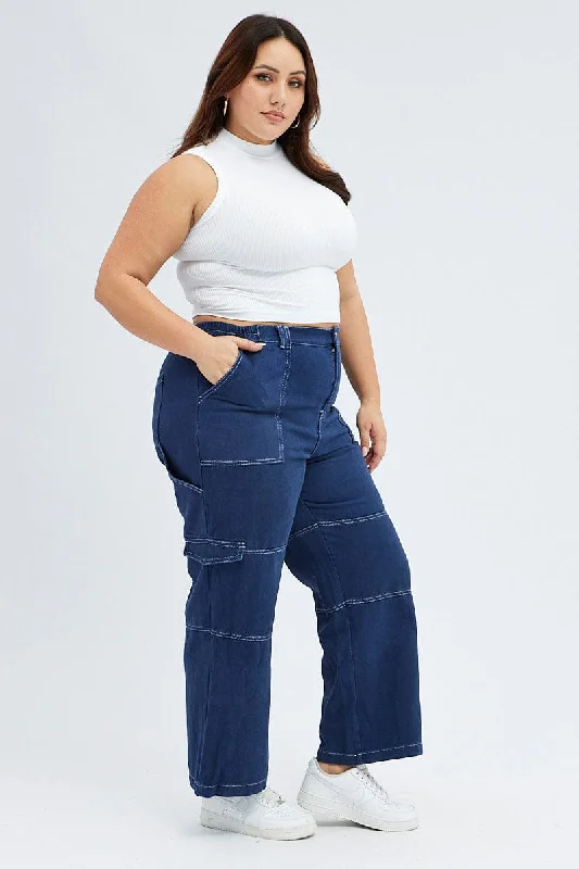 Blue Cargo Denim Jeans High Rise