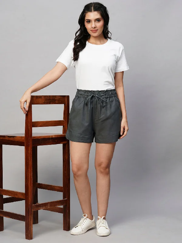 Women's Grey Linen Regular Fit Shorts