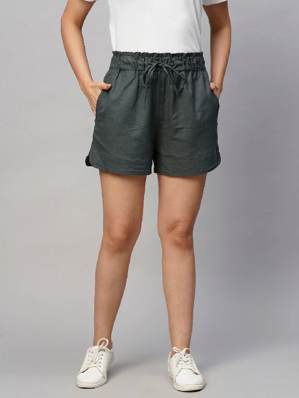 Women's Grey Linen Regular Fit Shorts