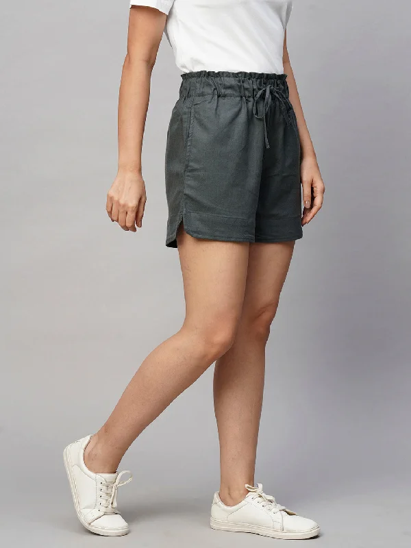 Women's Grey Linen Regular Fit Shorts