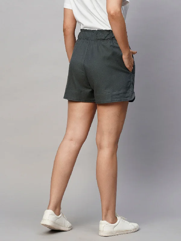 Women's Grey Linen Regular Fit Shorts