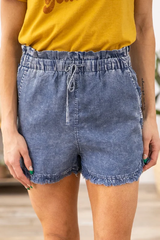 Medium Wash Fray Hem Elastic Waist Shorts