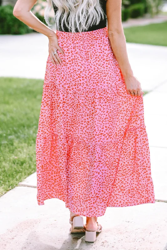 Leopard Print Frilled Drawstring High Waist Maxi Skirt