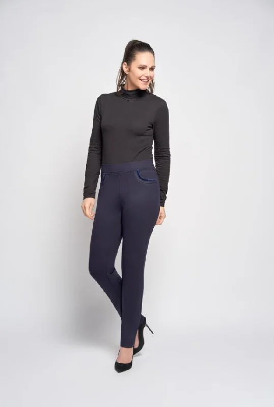 Pinns Navy Jean Style Trouser With Crystal & Velvet Rope Pocket Detail