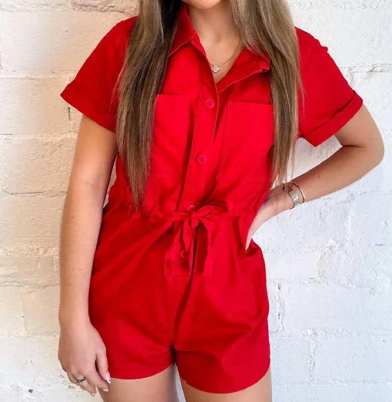 Washed Denim Romper In Red