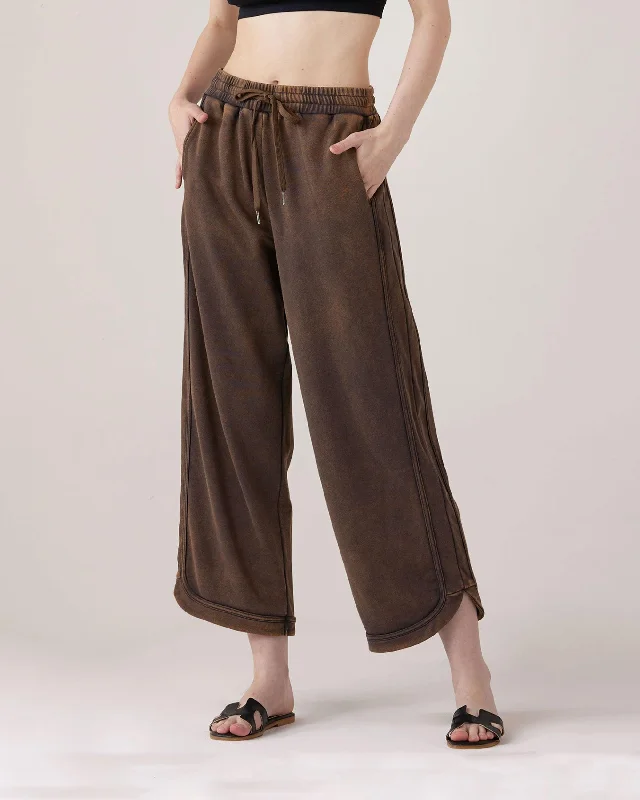 Cotton Terry Dolphin Tail Wide Leg Mineral Washed Pants - Brown