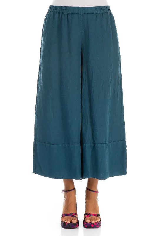 Wide Leg Cuffs Dark Teal Linen Culottes